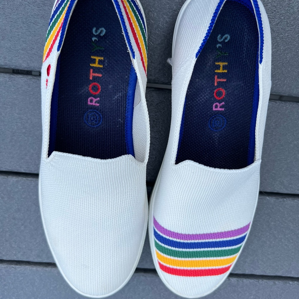 Rare Rothy’s White Slip-On Sneakers with Rainbow Stripes